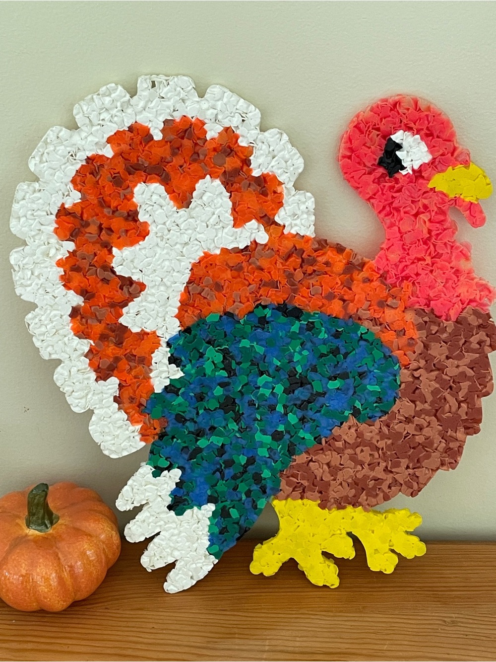 Vintage 70s melted plastic popcorn, turkey thanksgiving wall hanging decor retro